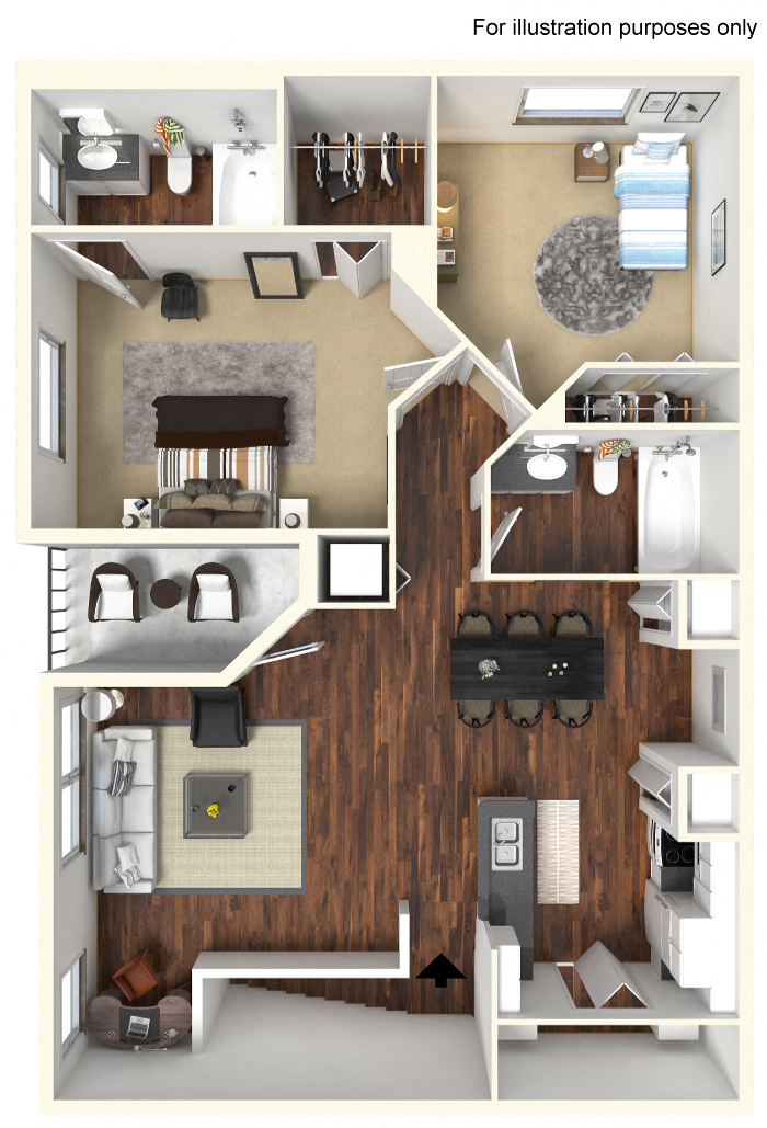 Floor plan for 2 beds, 2 baths, 1032 sqft